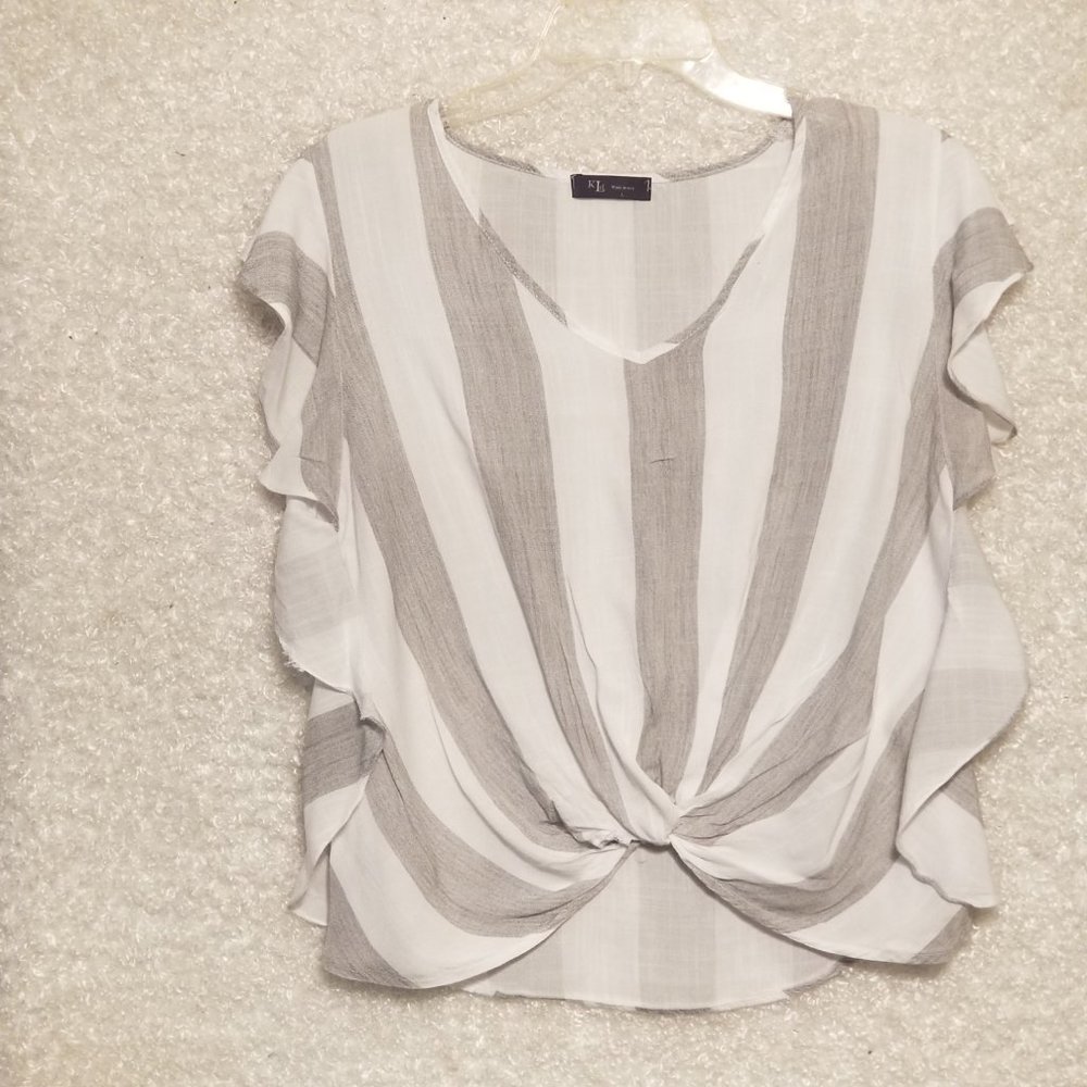 KLd Women's White Gray Stripe Mock Front Knot Top size Large Made in USA